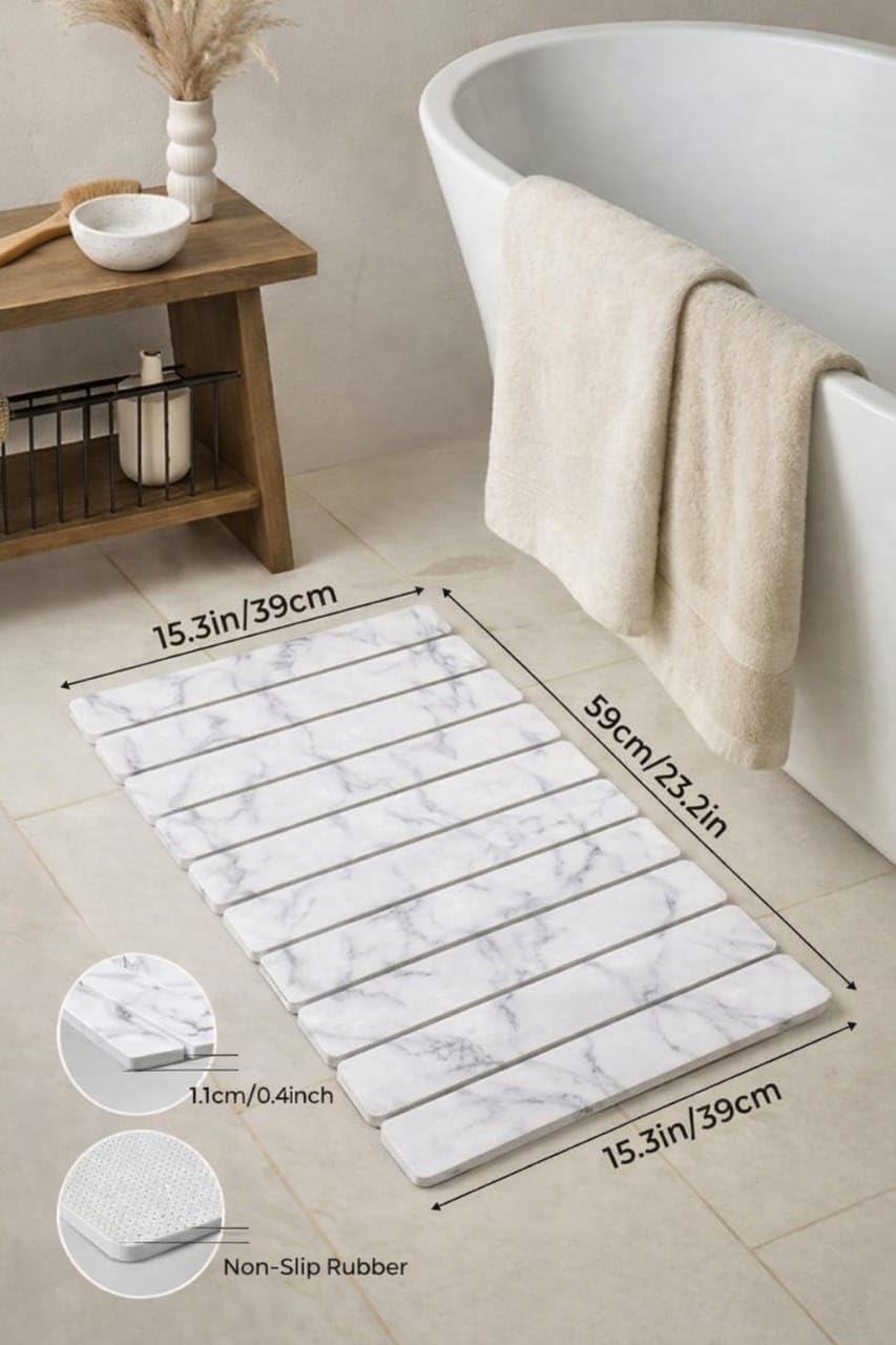 Premium Foldable Stone Bath Mat - Ultra Absorbent Quick Drying Compact Easy to Store & Clean Non-Slip Diatomaceous Earth Bath Shower Mat (Marble White)