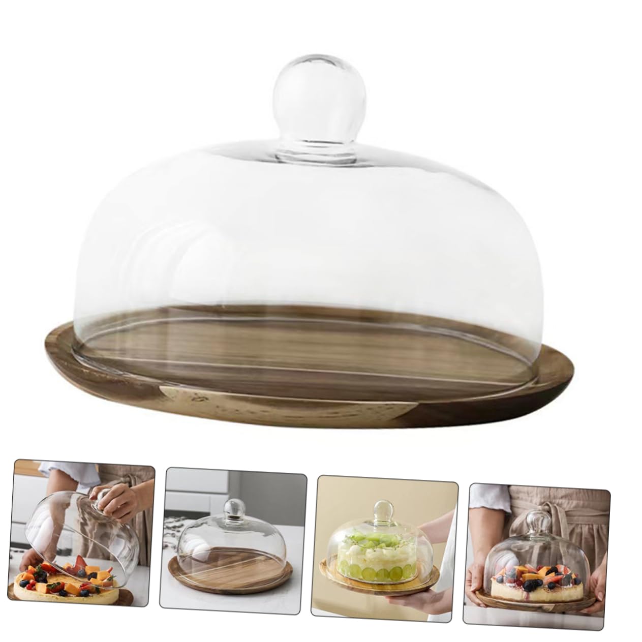 Dôme en Verre Élégant pour Afficher et Conserver Desserts en Bois Plateau à Gâteau Lors D'événements et Anniversaires