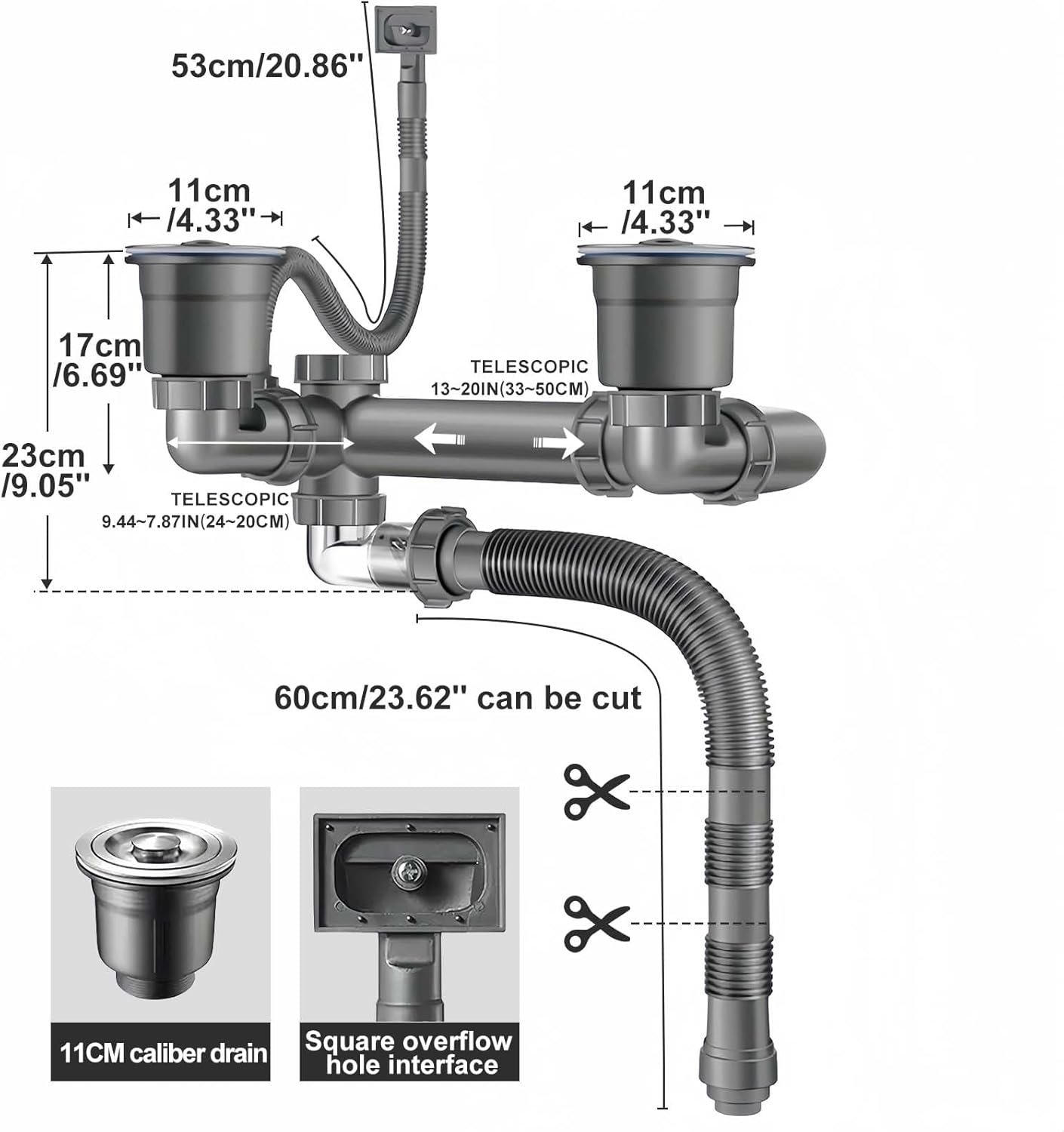 QpuanTu Double Sink Drain Kit - Multi Function P Trap, Adjustable Universal Kitchen Drain - Gray