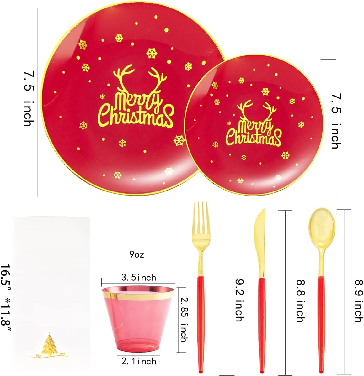 Nervure 175PCS Christmas Plastic Plates - Red and Gold Disposable Plates & Gold Plastic Silverware with Red Handle include 50 Plates 25Knives 25Forks 25Spoons 25Napkins for Christmas Party
