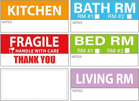 Yoget 42x90mm Large Home Moving Labels for Apartment Moving, 4 Different Color Coded Packing Stickers + 40Pcs Fragile Stickers + 40 Pcs Removable Blank Furniture Labels 240 Labels