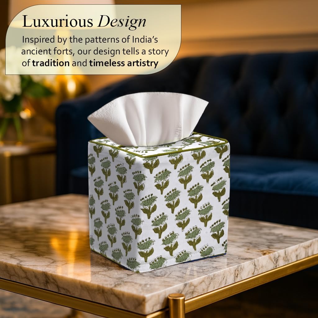 CPC Emerald Green Hand Block Printed Cotton Tissue Box Cover 5" x 5" x 5.5" Square Soft Reusable Boho Napkin Holder for Home Kitchen Dining Bathroom Office Cafe Spa Summer Thanksgiving - Image 2