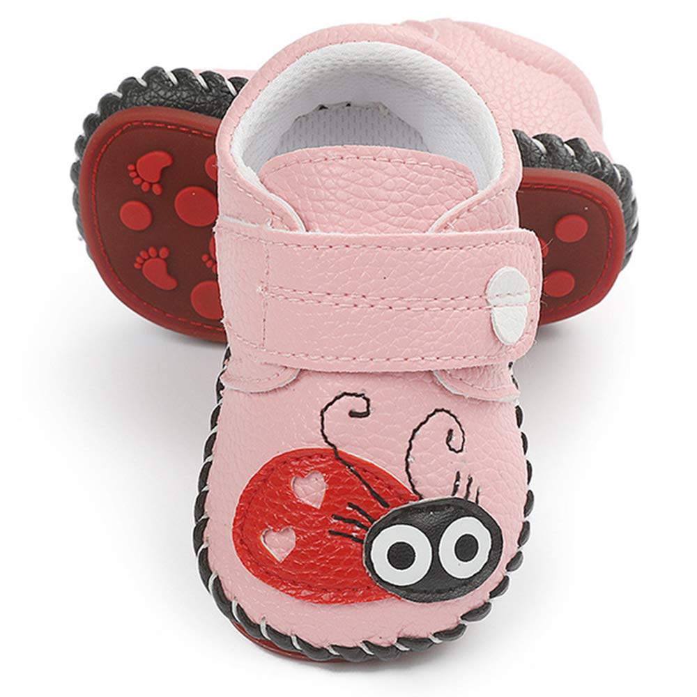 Baby Boys Girls Walking Shoes Hard Bottom Non Slip PU Leather Outdoor Sneaker Infant Carton Slipper Toddler First Walker Crib Shoes(3-18 Months), 01 Pink, 6-12 Months