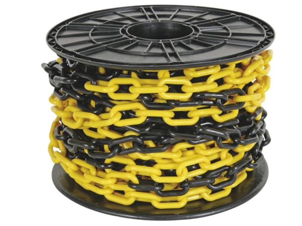 Perel Chaîne barrière jaune noir 25 m en rouleau, chaîne de sécurité en plastique pour l’intérieur et l’extérieur, chaîne de marquage pour chantier, zone de stationnement, entrepôt, terrain ou