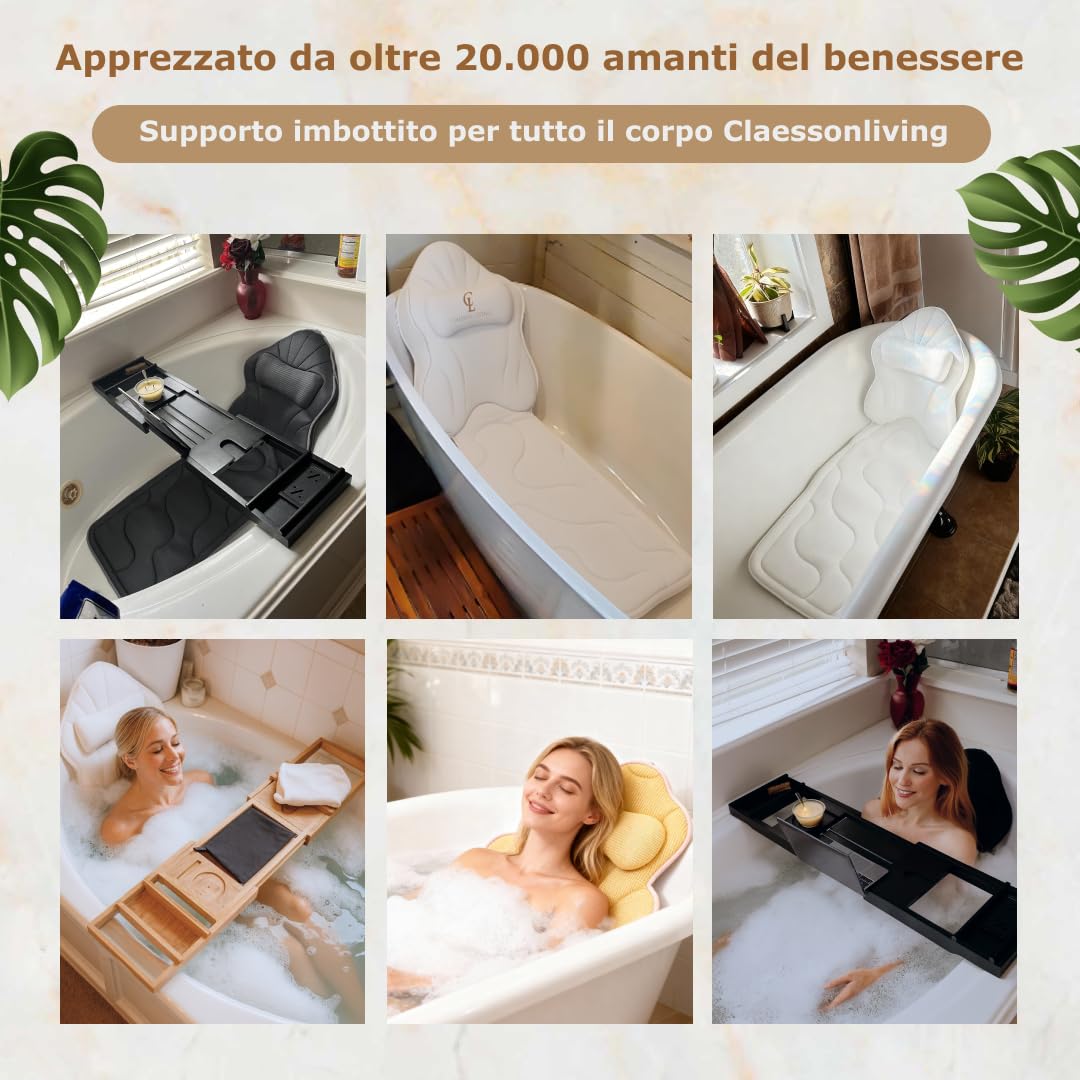 Cuscino Vasca da Bagno per Tutto il Corpo (126x41cm) – Cuscino Bagno con ventose e Poggiatesta (13cm); Supporta Collo, Schiena e Gambe – Incl. borse Lavaggio/Viaggio e Gancio Asciugatura – Bianco