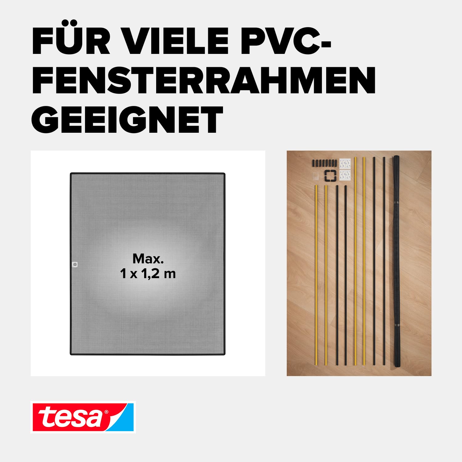 tesa Insect Stop Anklips-Rahmen Fliegengitter für Fenster - für PVC-Fenster - zuschneidbarer Rahmen, Netz aus Fiberglas, Selbstklebende Halte-Klips - 1,0 x 1,2 m - Anthrazit (Durchsichtig)