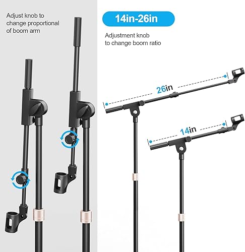 Miniatura 4 de Soporte de micrófono con brazo de brazo, trípode resistente, soporte de suelo ajustable con bolsa de transporte y 2 clips de micrófono para cantar,