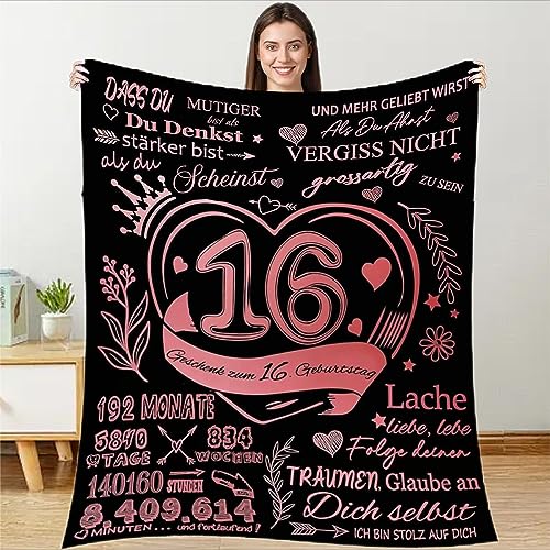 B0CF9T3JZW - Couverture douillette - Cadeau pour ma fille, maman et papa pour fille - Douce et positive - Personnalisable - Message en allemand - 16e anniversaire