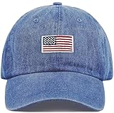 USA Flag & Embroidery Premium 100% Cotton Low Profile Adjustable Baseball Dad Cap (Flag - Blue Denim)