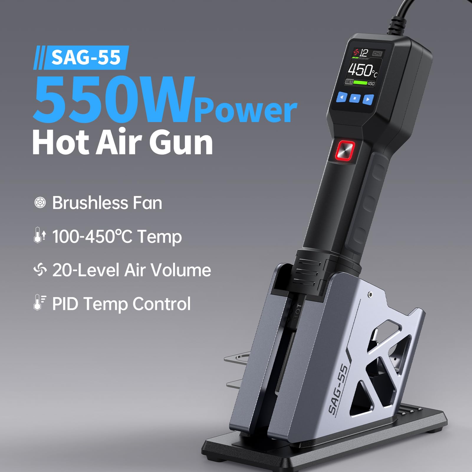 Stacja lutownicza na gorące powietrze, 550 W, przenośna opalarka, 100°C do 450°C, 20 regulowanych prędkości nawiewu, pistol na gorące powietrze z 1 dyszą, elektryczna dmuchawa na gorące powietrze do