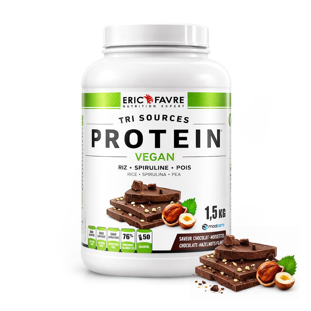 PROTEINES VEGAN TRI-SOURCE - Protéines Végétales Vegan Savoureuses Pour le Développement Musculaire - Riz Spiruline Pois - Assimilable Rapidement - 1,5kg - Saveur Chocolat/Noisette - Eric Favre