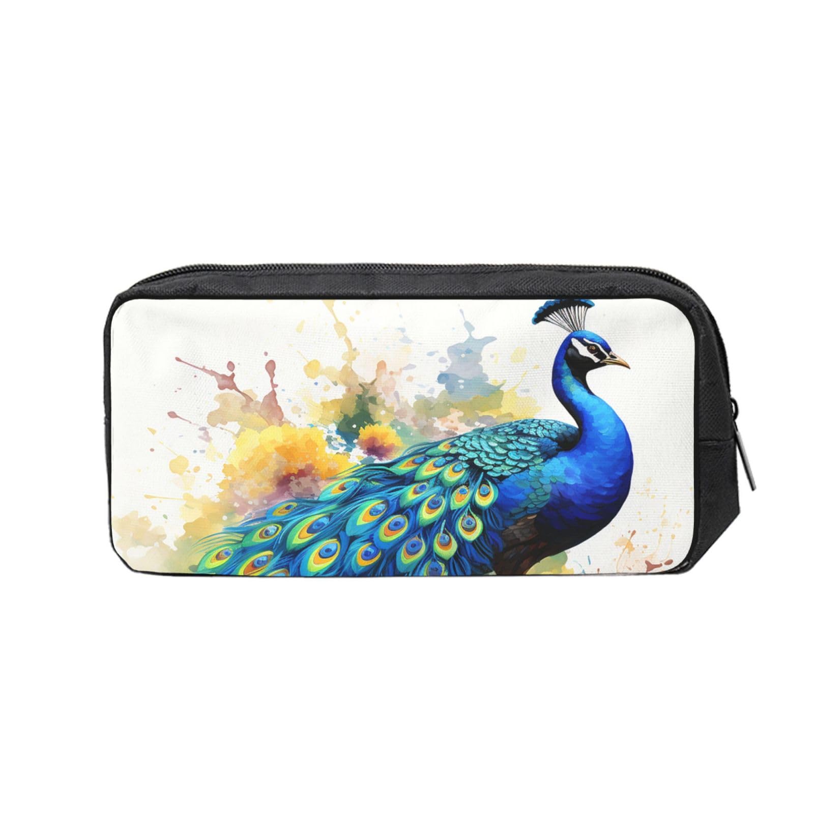 FodPand Peacock Watercolor Painting Pencil Case Large Capacity Pencil Pouch With Zippers Portable Waterproof Pencil Bag Makeup Pouch Cosmetic Bag For Women Men