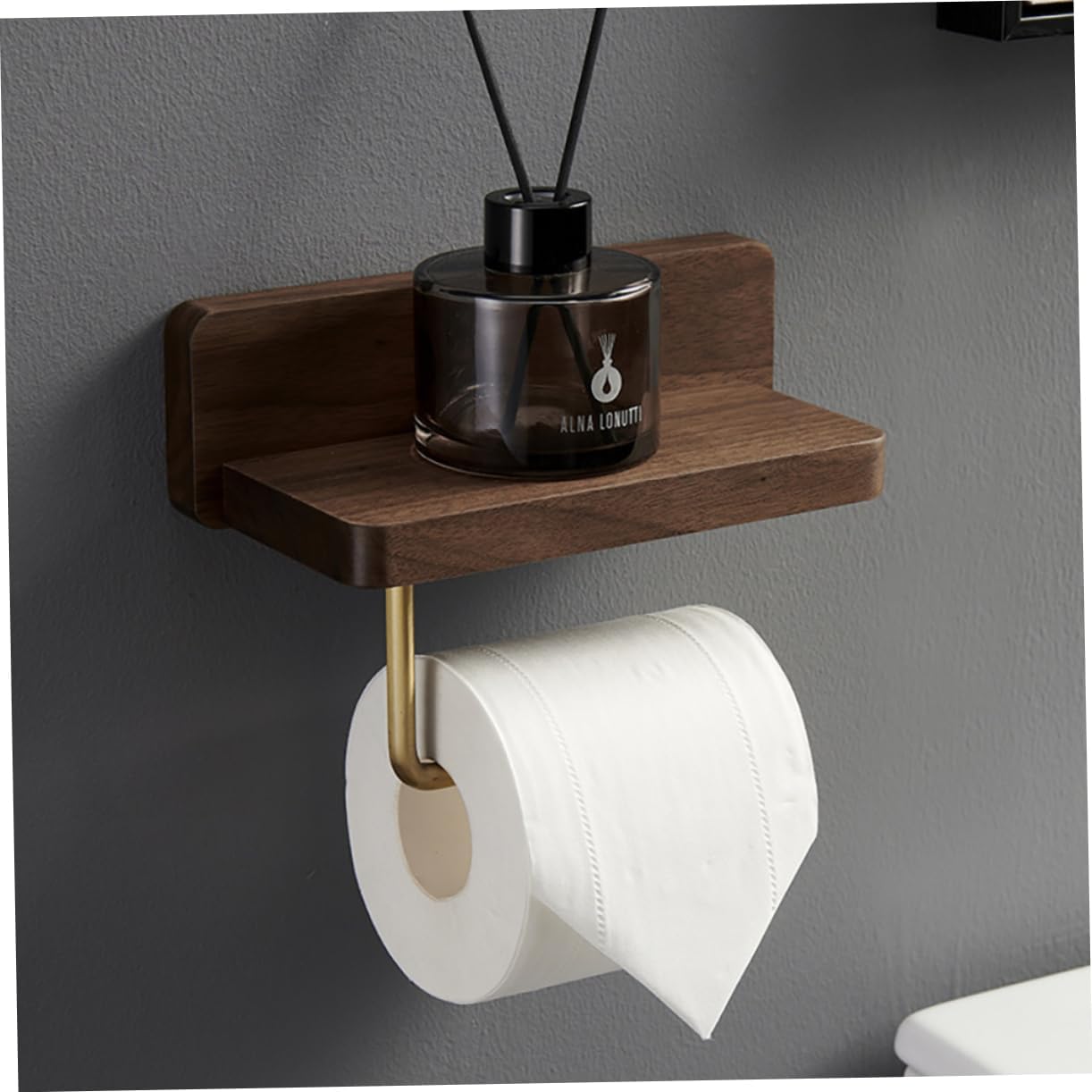 Wall Mounted Toilet Paper Holder with Phone Shelf Bathroom Roll Tissue Rack Natural Walnut Finish Easy to Install Space-Saving Design for Use
