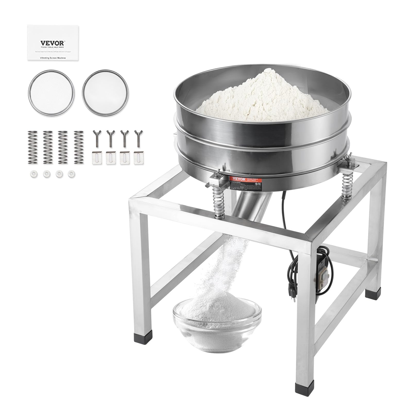 VEVOR Tamiz Vibratorio Eléctrico Automático de Acero Inoxidable con Malla 40+100, 25 W con Soporte y Ruedas, para Harina en Polvo, Frijol Mungo, Arroz, Mijo, 570 x 575 x 680 mm, 3450 r/min, Plata