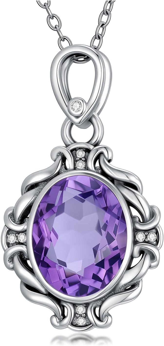 925 Sterling Silver Natural Amethyst Necklace for Women Oval Gemstone Birthstone Pendant for Her