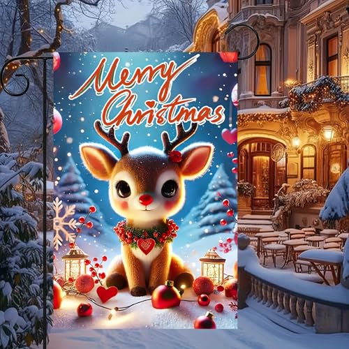Image of BlissYard Christmas Reindeer Garden Flag 12x18 Inch Double Sided Merry Christmas Cute Red Nosed Reindeer Yard Banner Festive Ornaments Snow Scene Holiday Outdoor Lawn Porch Patio Pathway Seasonal Home Decoration