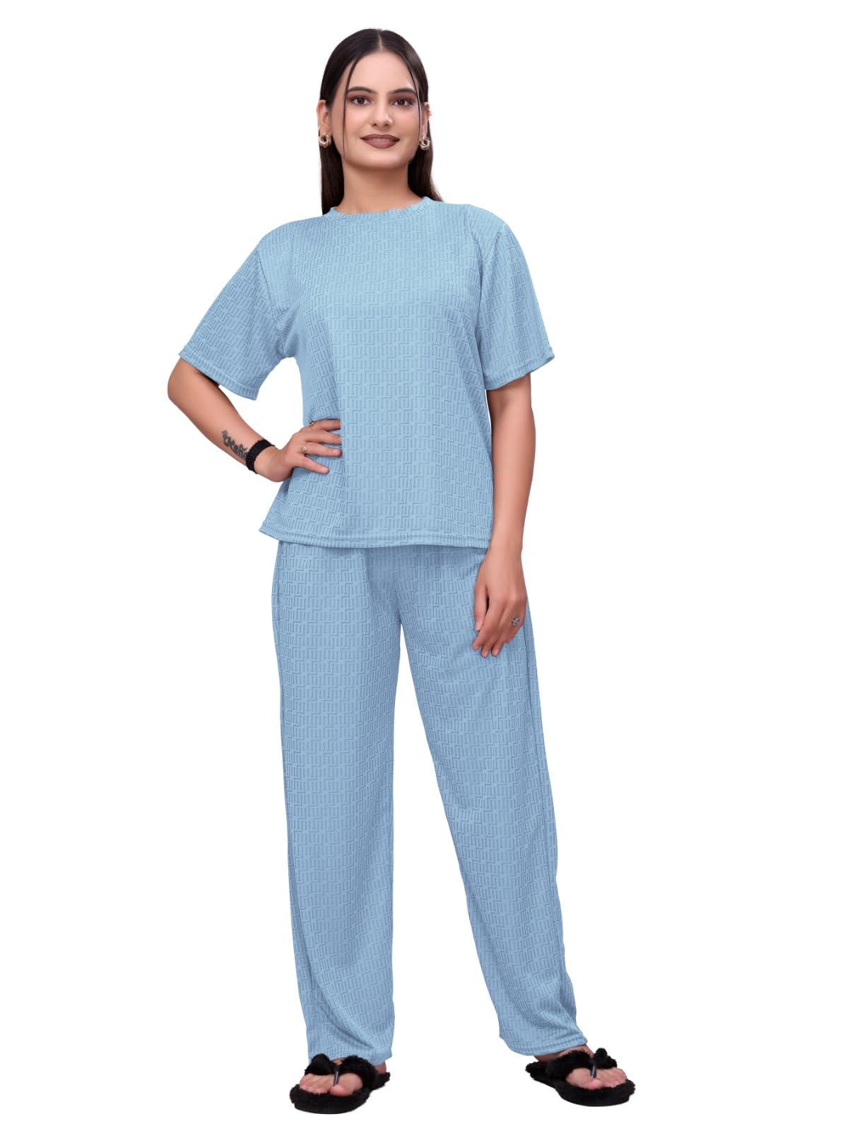 Women’s Aero Jacquard Co-Ord Set | Soft Stretch Lounge Wear Set with Half Sleeve Top & Relaxed Fit Pants | Comfortable Nightwear, Travel & Casual Wear Outfit-image-16