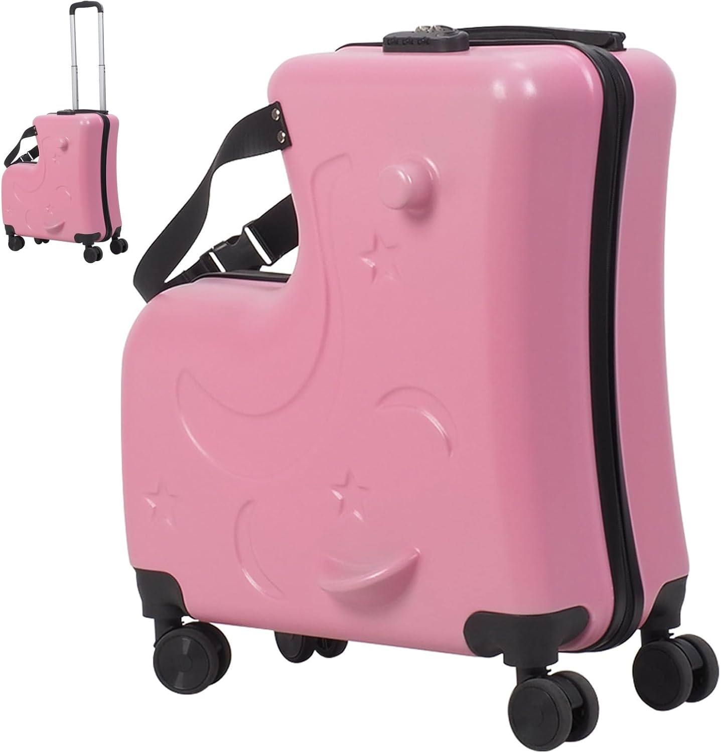 20" Large Kids Luggage with Seat, Ride on Suitcase with Spinner Wheels & Safety Belt, Carry on Luggage for Toddler, Waterproof Travel Suitcase with Lock & Cover, Ideal for Short Trips, Pink