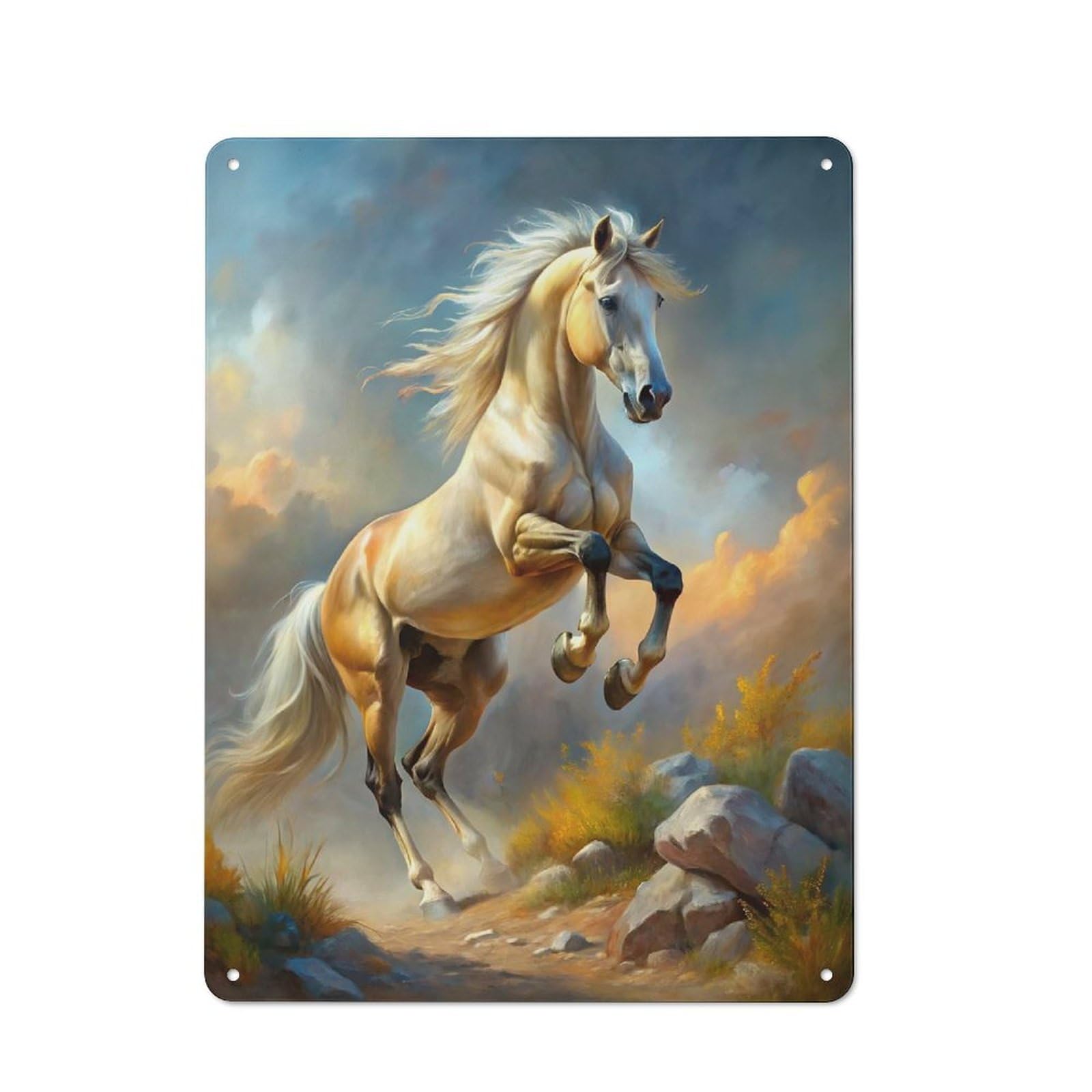 Junmoney White Horse Leaping Rock Painting Vintage Metal Wall Decor 40X30cm, Garage Metal Sign For Garage, Workshop, Shed Or Utility Room