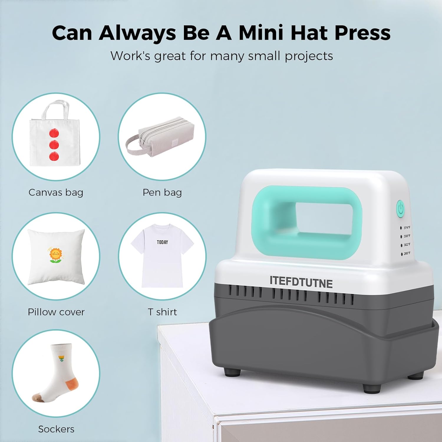 ITEFDTUTNE Hat Press Machine, Mini Hat Heat Press Machine with 4 Heating Levels & Auto-Off, Handheld Cap Easy Press with 3.5"×5.5" Curved Heat Plate, 2 Press Platens, A Safety Base, Green