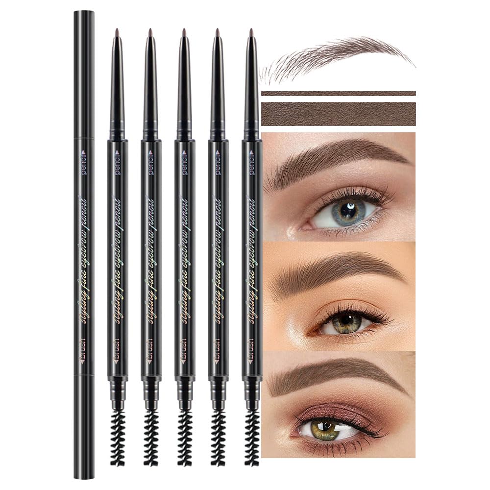 5 Pcs Waterproof Dual-Sided Fine Tip Eye Brow Pencils Pack,Ultra-Fine Mechanical Precise Pencil,Draws Tiny Brow Hairs, Defines, Fills Eyebrows, Shapes