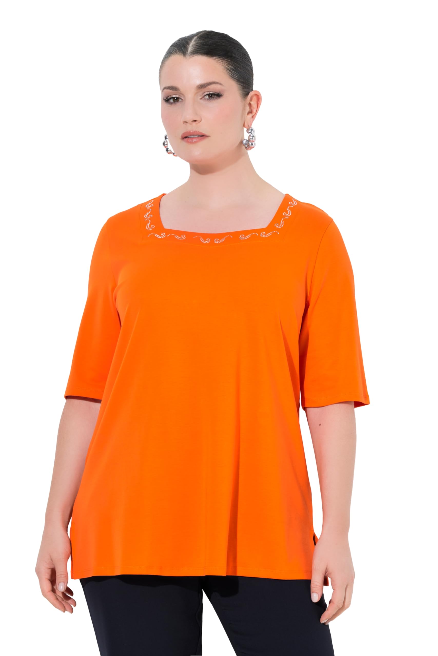 Ulla Popken Damen große Größen Übergrößen Plus Size T-Shirt, Ziersteine, Carré-Ausschnitt, Halbarm, Pima Cotton 850108
