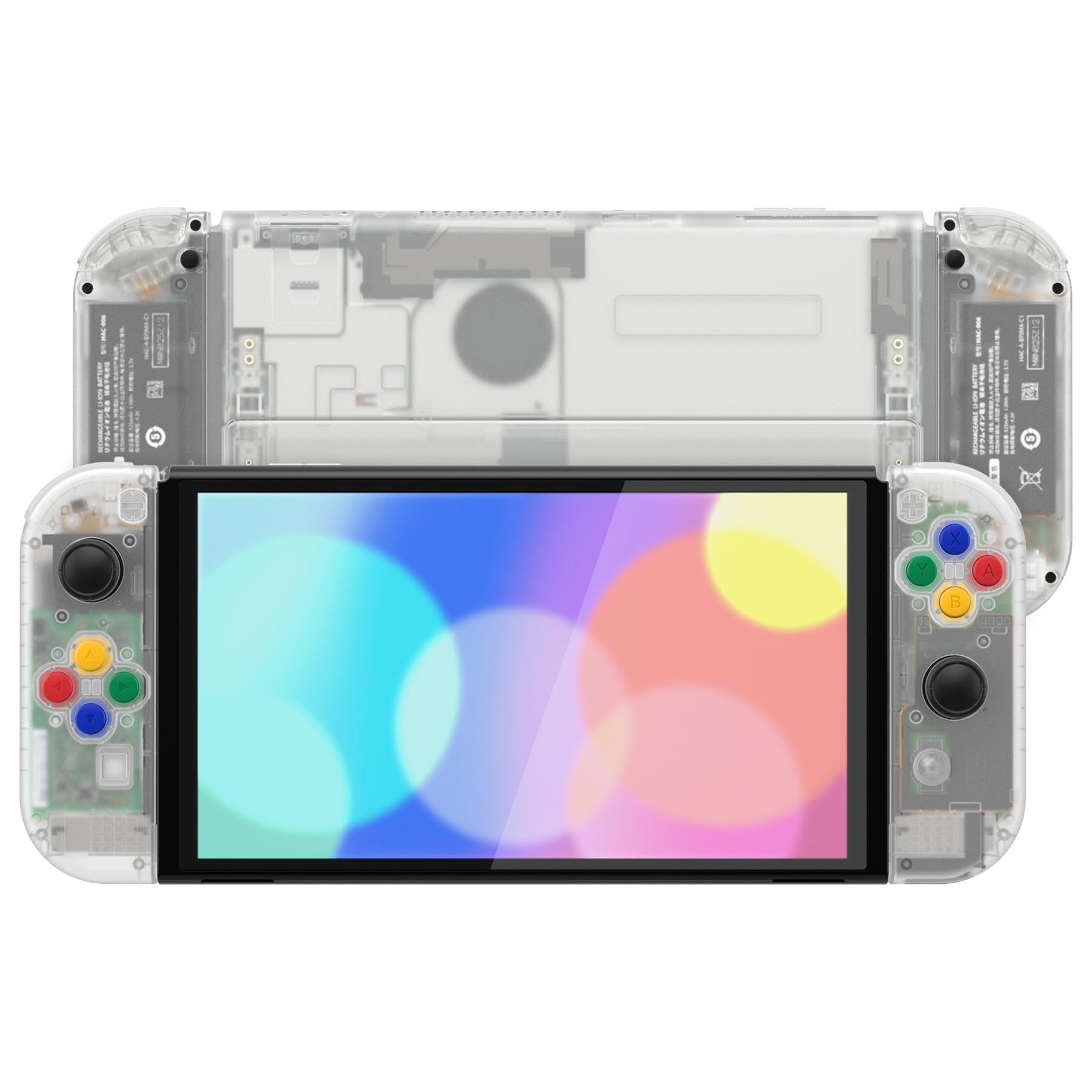 eXtremeRate Cover Pulsanti Tasti Ricambio per Nintendo Switch OLED Console Joycon,Custodia Posteriore Controller Scocca Supporto Shell KickStand per Nintendo Switch OLED-Trasparente Illuminare