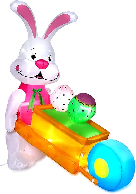 CAMULAND Easter Bunny Inflatable, 5.9FT Inflatable Easter Bunny Pushing Wheelbarrow with Eggs and Built-in LED lights, 5.5 * 3.2 * 6FT Easter Bunny Outdoor Decorations for Lawn, Yard and Garden Decor