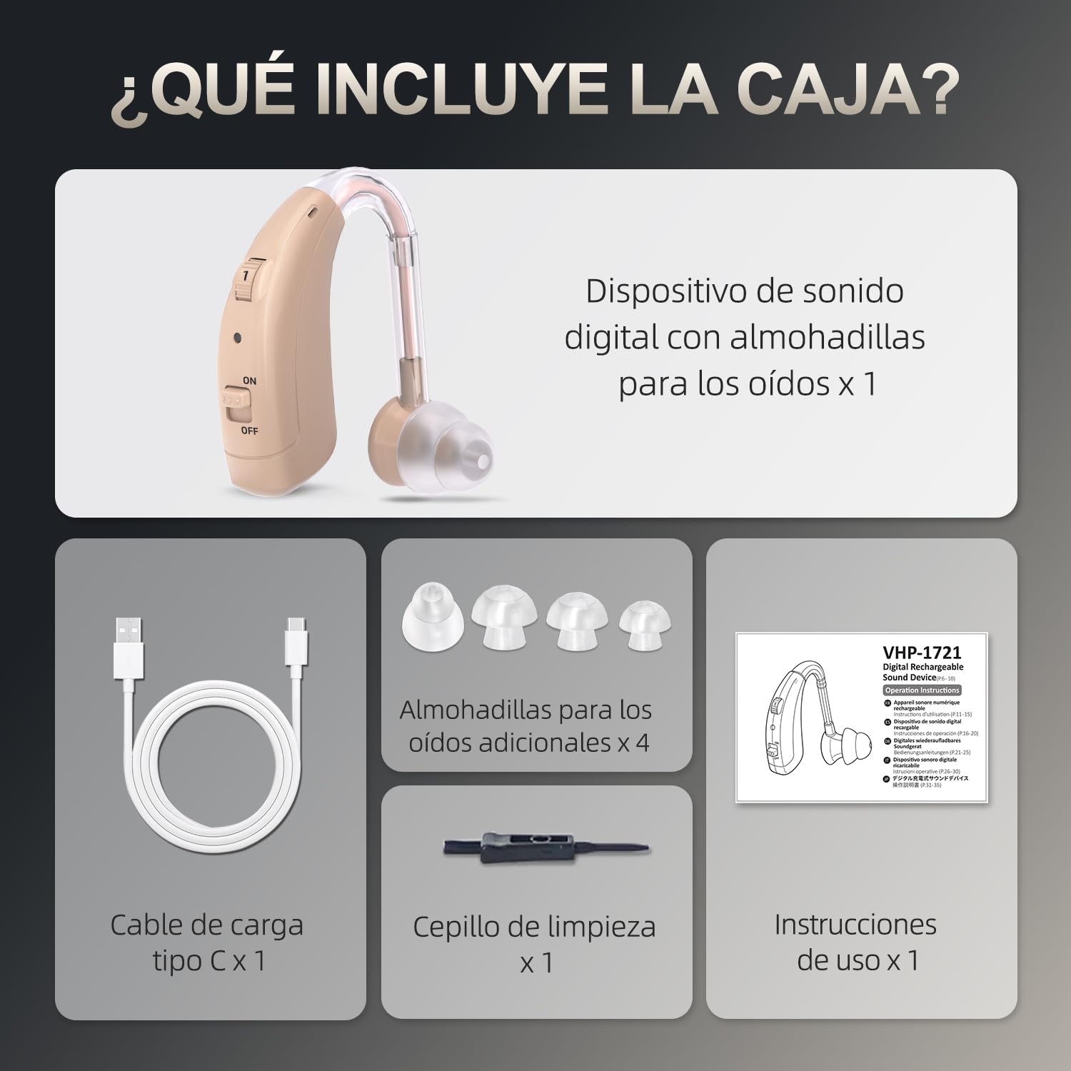 Reducción de ruido digital volumen ajustable. Dispositivo de sonido recargable para personas mayores, con Diseño retroauricular cómodo y ligero con puerto de carga tipo C.