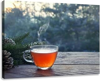 Cup hot steaming tea a rustic wooden garden table Christmas decoration Extra Large Canvas Wall Art Decor 24x36 Framed Prints Pictures Poster Painting Artwork for Living Room Bedroom Office Bathroom