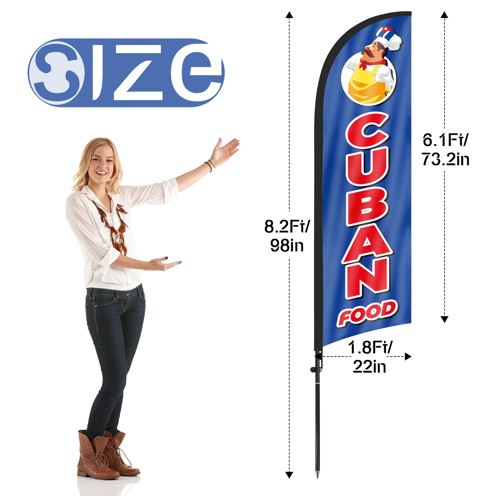 Bandera de plumas de comida cubana con kit de mástil de bandera y estaca para el suelo, bandera cubana de 8.2 pies, bandera sin viento para negocios para publicidad al aire libre