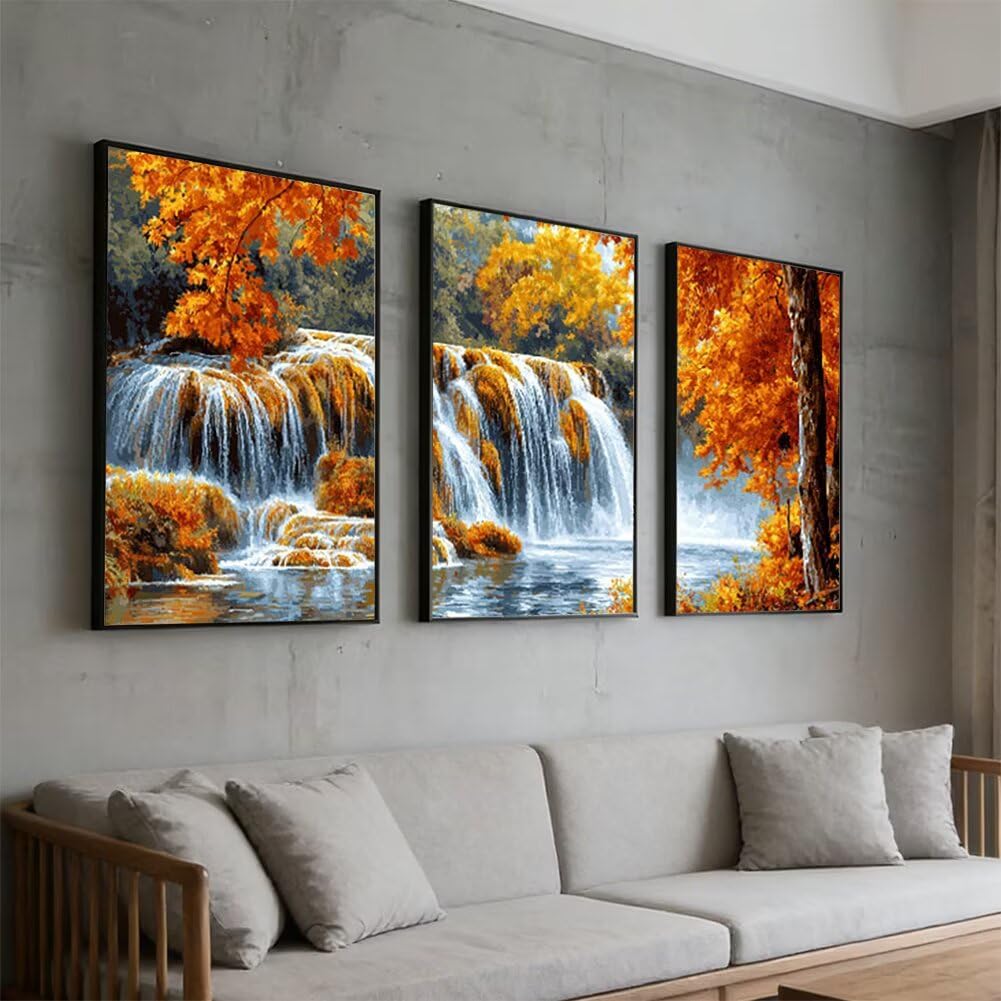 Wandbilder Herbst 60x80cm, 3Pcs Leinwand Bilder Groß Wanddeko Wohnzimmer, Wasserfall Leinwand Bilder mit Rahmen, Moderne Wandbilder Wohnzimmer Poster Set mit Haken, Wand Deko Schlafzimmer, -2266