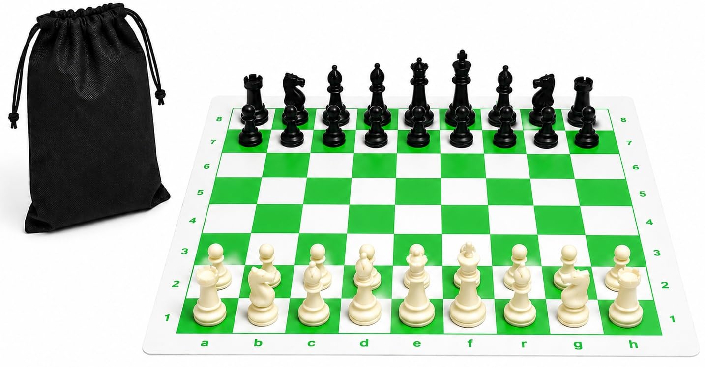 GeoKraft Roll-Up Vinyl Tournament Chess Set – 18.2" x 18.2" Board, Weighted Staunton Pieces with 3.75" King, 2 Extra Queens, Storage Bag, Fide Standard | Portable Chess Set for Kids & Adults (Green)-image-24