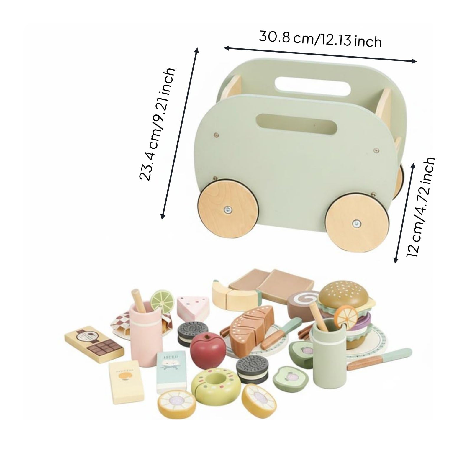 Kinder Spielzeug Wagen Kinderküchen Spielset Holz Imbisswagen Rollenspiel Essenswagen Lernspielzeug mit 31 Teilen Holzmaterial Tragbarer Ziehwagen für Vorschule Zuhause Garten