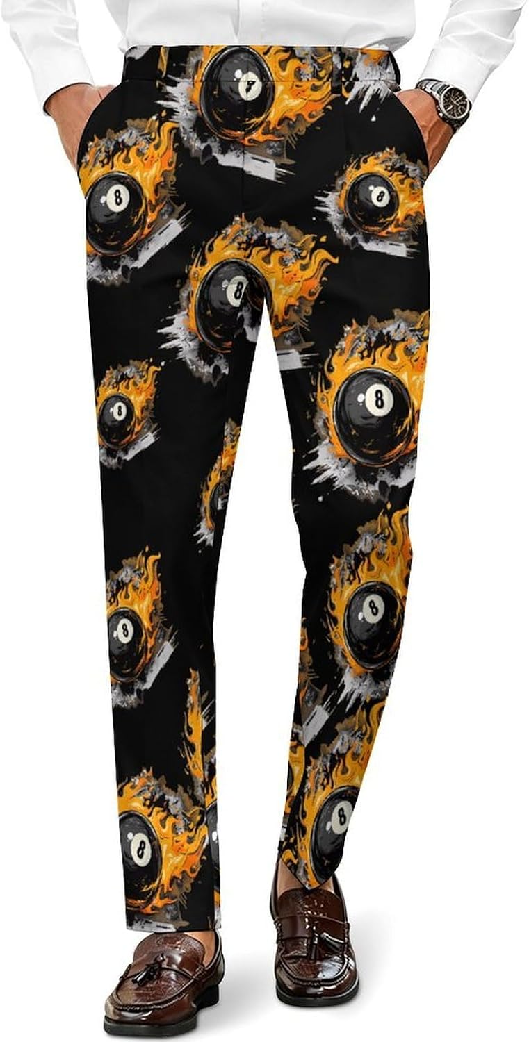 Graffiti 8 Ball Billiards with Flames Men's Classic Fit Suit Pants Straight Leg Design Printed Trousers
