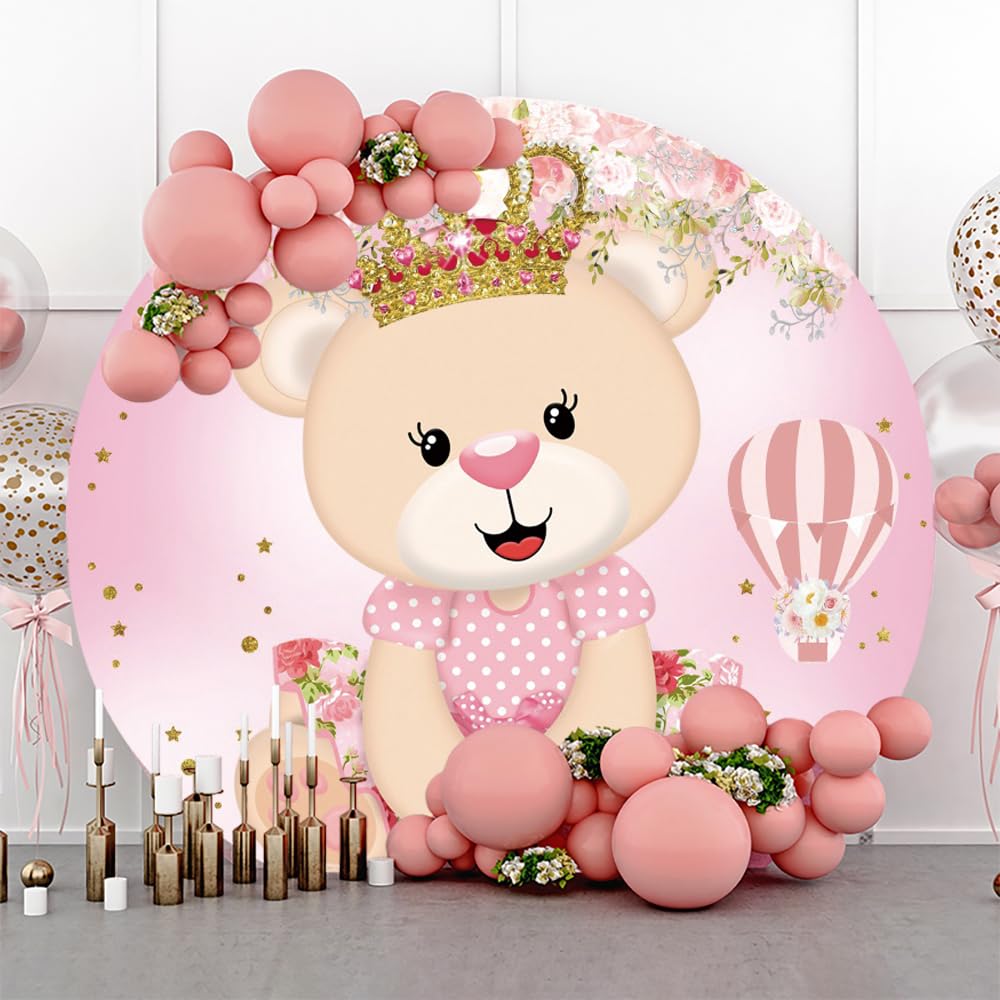 YongFoto Crown Little Bear Round Backdrop Cover 7.5ft Hot Air Balloon Floral Gold Sequin Pink Photography Background Girl Birthday Party Decor Baby