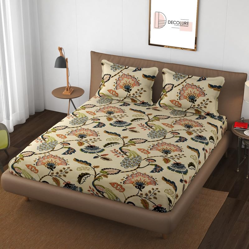 Image of Decolure Glace Cotton 300 TC Elastic Fitted Printed Bedsheets with 2 Pillow Covers Double Bed with All Around Elastic Supersoft Size-72x72 Inch, Beige, king