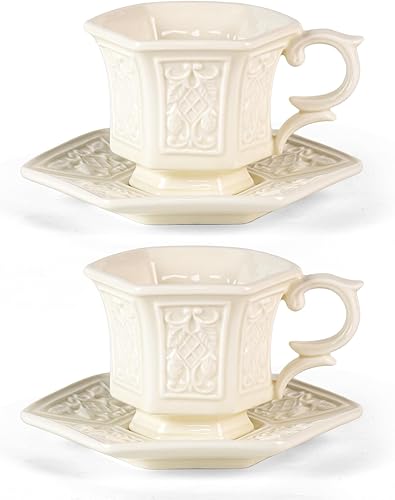 Miniatura 12 de KAMMAK Juego de 2 tazas de té y platillos, tazas de café de porcelana, tazas de expreso apilables de 6.8 onzas, demitaza de cerámica para café, café