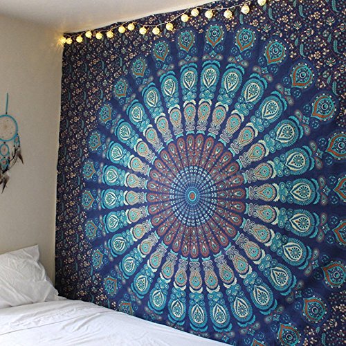 Radhykrishnafashions Indian Hippie Gypsy Bohemian Psychedelic Cotton Mandala Wall Hanging Tapestry Multi Color Twin Mandala Hippie Tapestry (Twin (84x54 Inches)) (Blue Naptool)