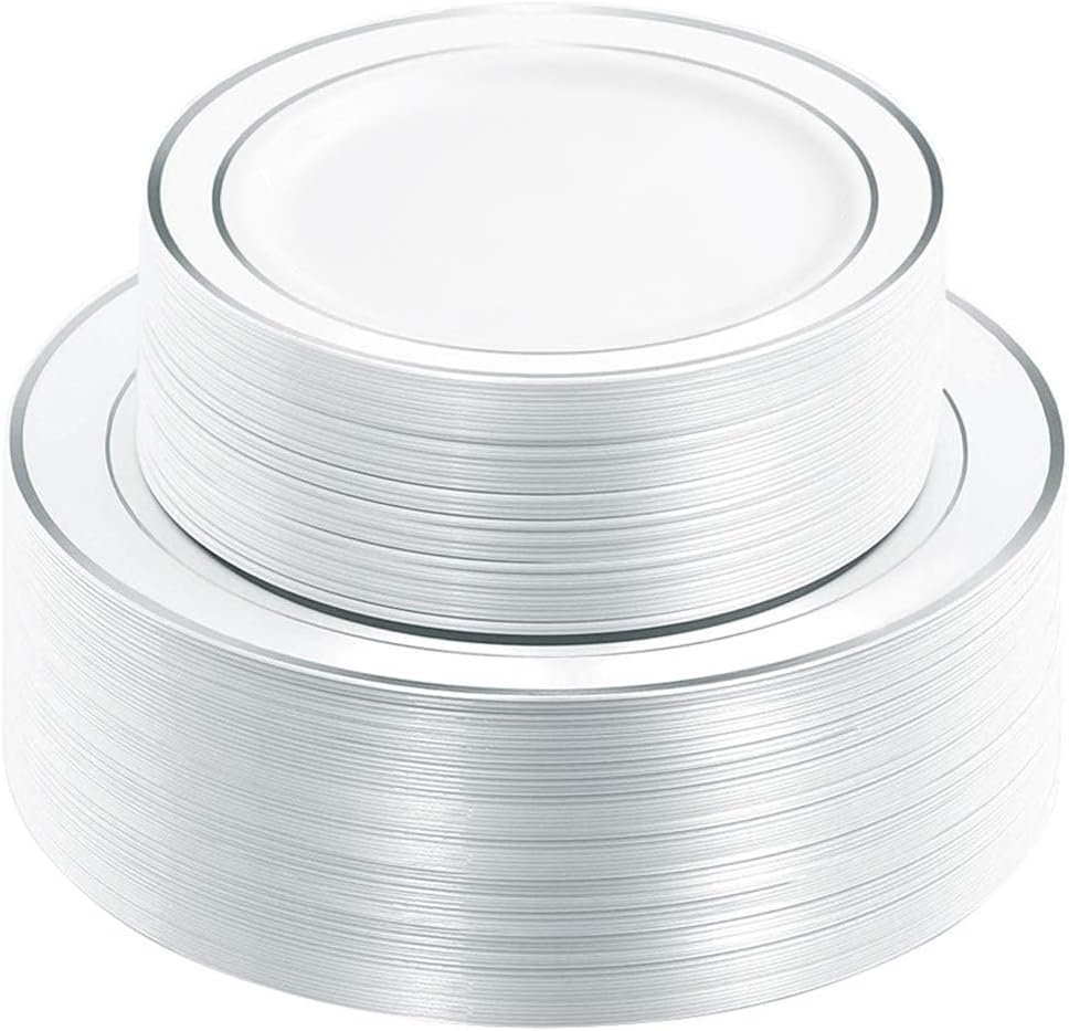 WDF 120PCS Plastic Plates White Silver Rim - Disposable Plates including 60PCS for Dinner 10.25inch, 60 Salad/Dessert Plates 7.5inch Heavy Duty Wedding Party Birthday