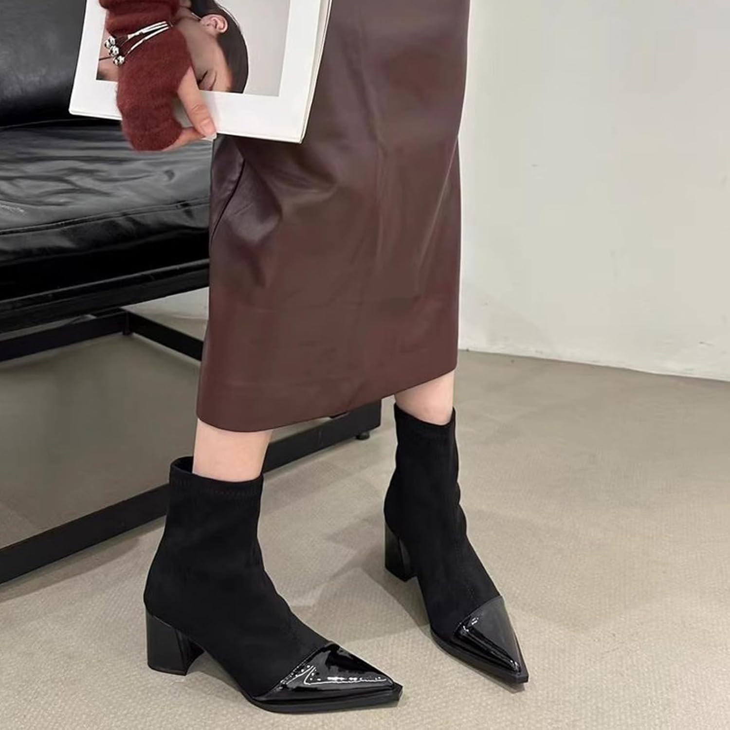 Women's Suede Chunky Heel Ankle Boots with Side Zipper Retro Leather Pointed Toe Low Heel Short Bootie Fall Winter Daily Casual Dress Boots - Image 2