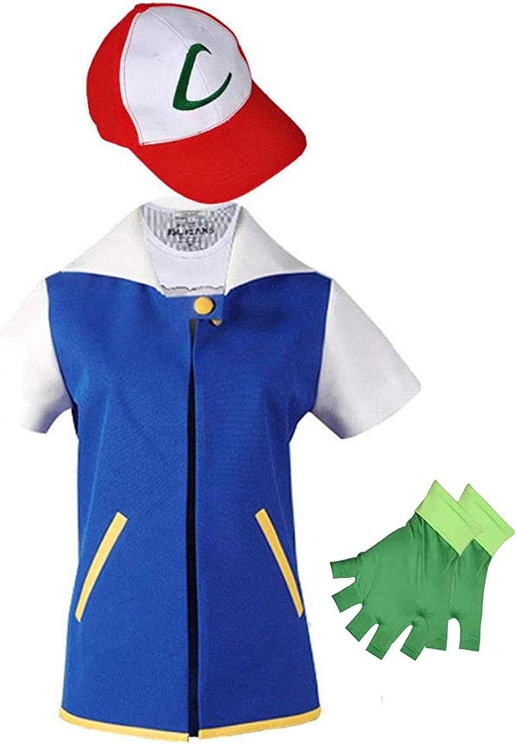 Adult Kids Ash Ketchum Cosplay Costume Jacket Gloves Hat Set Trainer Halloween Hoodie (M) Blue