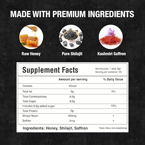 Miniatura 8 de Palitos Shilajit puros del Himalaya con miel orgánica y azafrán (7 unidades)  Palitos Shilajit fáciles de un solo uso  Aumenta la energía y la