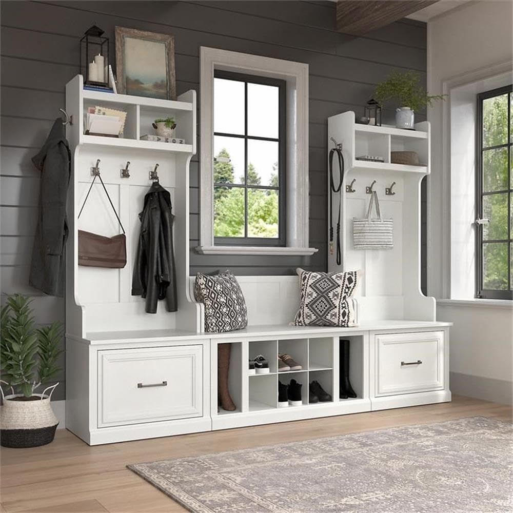 BOWERY HILL Entryway Storage Set, White Ash Finish, Engineered Wood, Includes Shoe Bench with Drawers, Hall Tree with Coat Hooks, Shelving and Cubbies, Transitional Style for Mudroom or Foyer