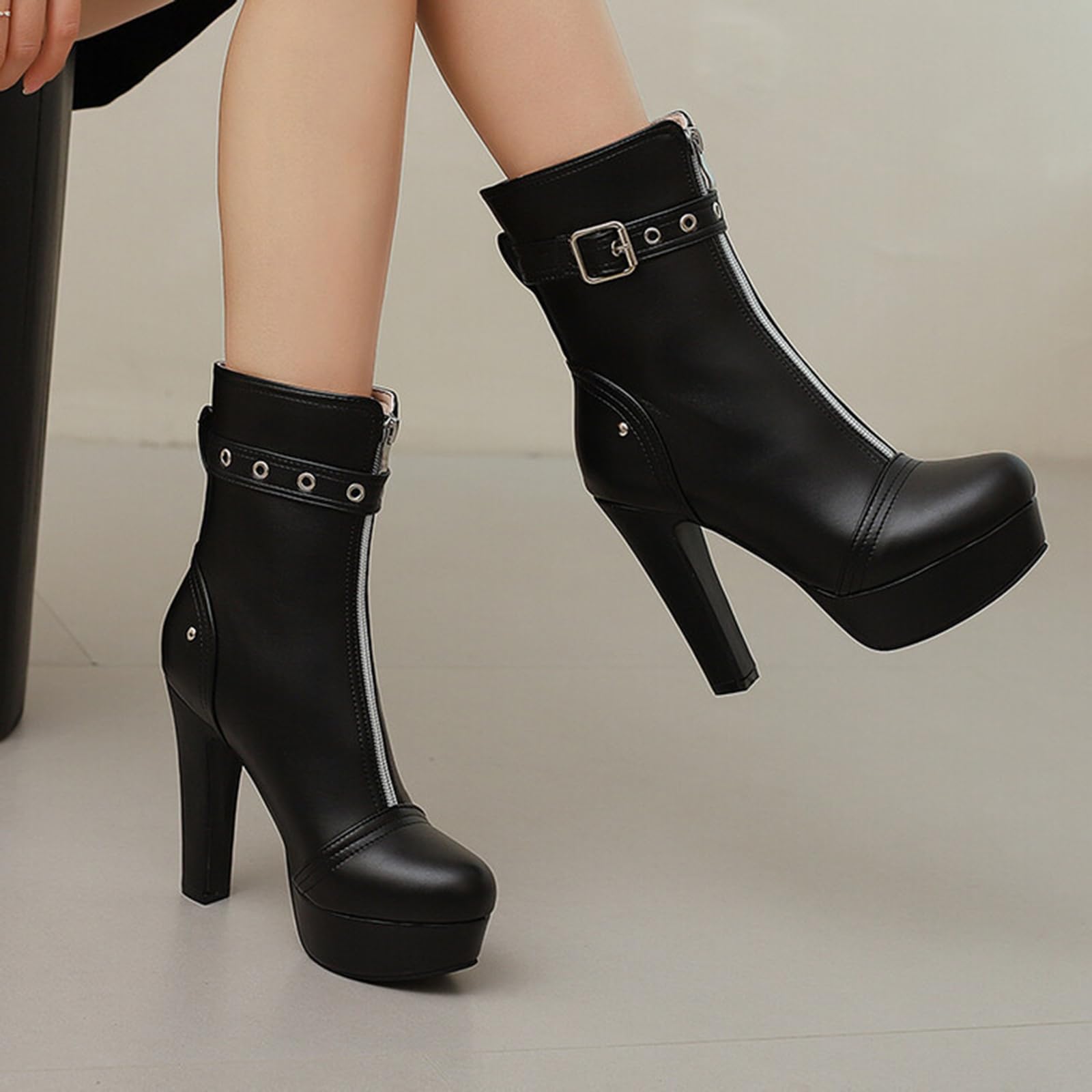 12 CM Tacco a Spessore Sole Ankle Boots Rotondo Toe Cerniera Mid-Tube Cintura Fibbia in Pelle Verniciata Stivali