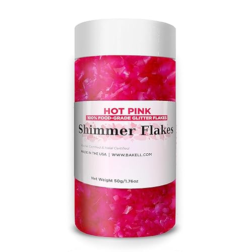 Bakell 's Hot Pink Shimmer Flakes - (1.76 onzas y 1 tarro)  Extraordinaria purpurina comestible para tus obras maestras culinarias