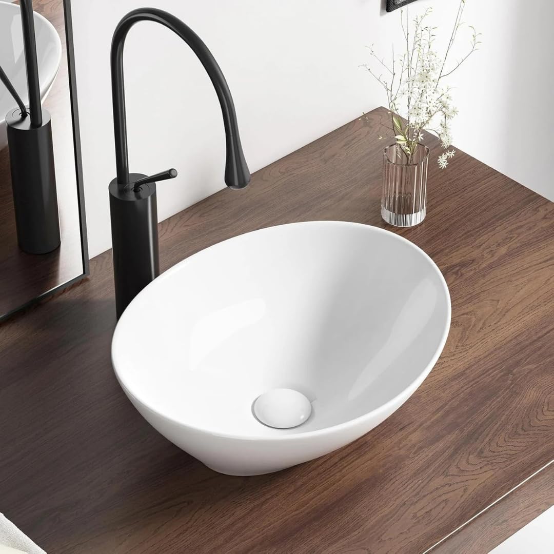 Ceramic Countertop Vessel Sink Bathroom Wash Basin Above Counter Vanity Basin Wash Bowl for Vanity Unit Cabinet Cloakroom Toilet (White, Mini Oval 400 x 330 mm)