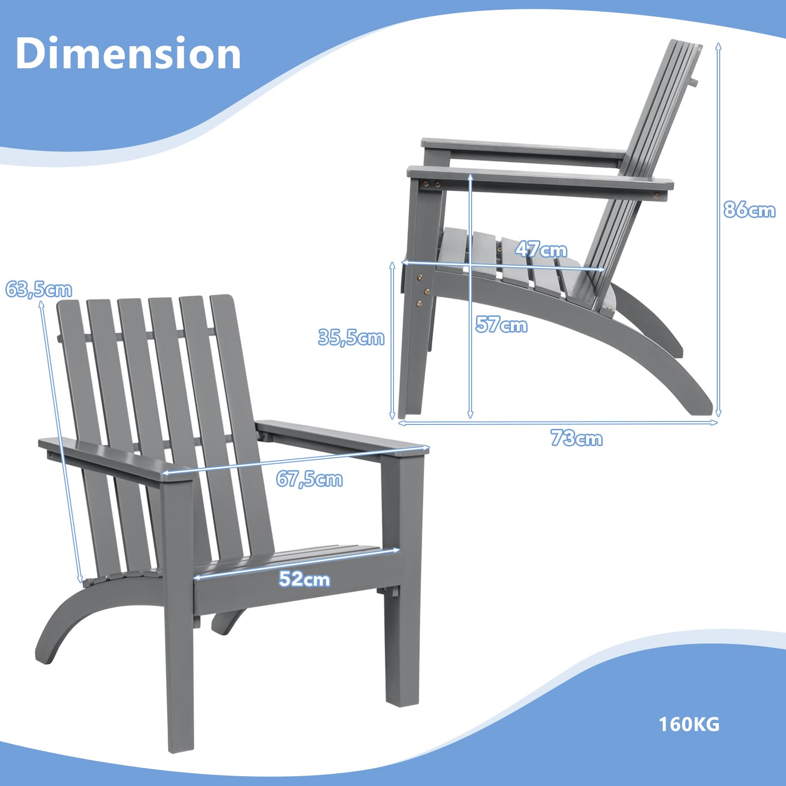 GIANTEX Chaise Adirondack de Jardin Extérieur, Fauteuil Adirondack en Bois d'Acacia, Chaise Extérieur Terrasse Charge 160 KG, pour Jardin, Balcon,Piscine (Gris)