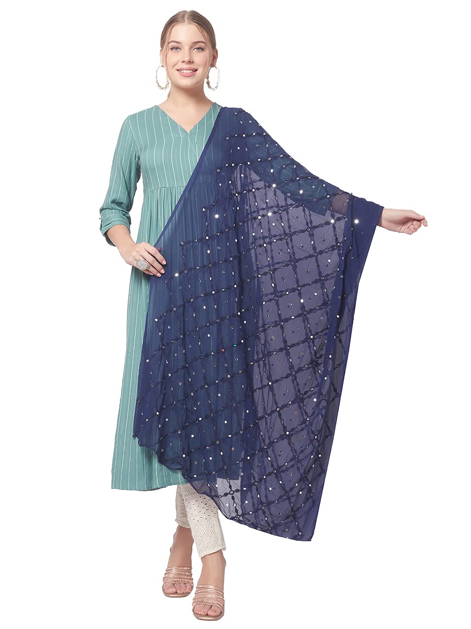 dupatta bazaar Women's Navy Blue Mirror Work And Embroidered Chiffon Dupatta, free size-picture-12