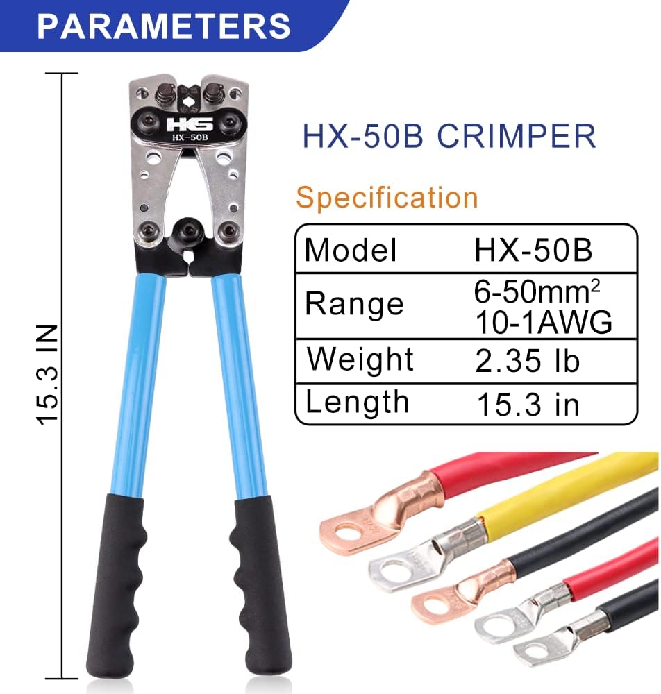 HKS Battery Cable Lug Crimping Tool 10-1 AWG with Cutter, 170 Pcs Tinned Copper Lugs Kit & 210Pcs 3:1 Ratio Adhesive Lined Heat Shrink Tubings - Marine Grade Shrink Wrap HX-50B